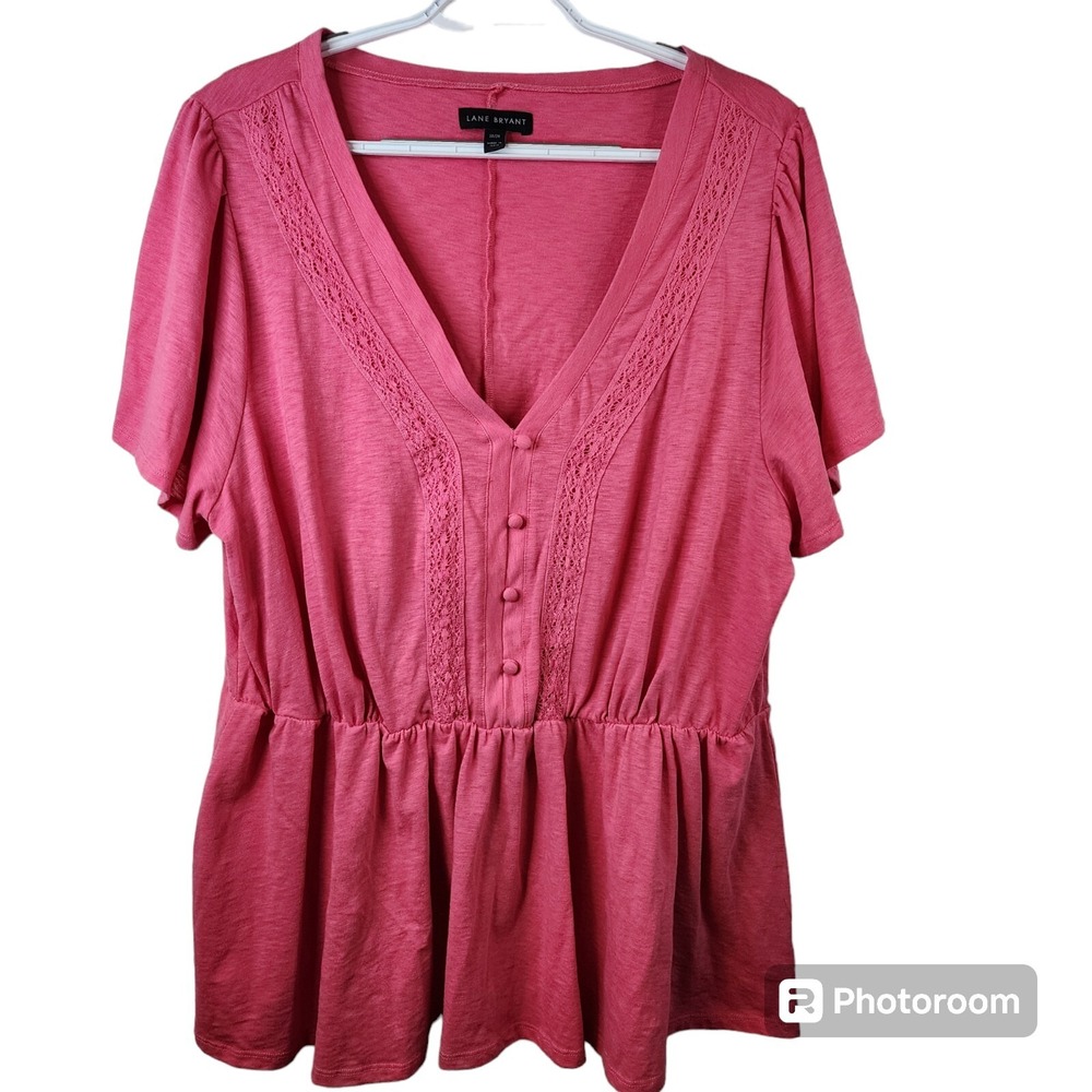 Lane Bryant Pink V-Neck Top Womens 18/20 Plus Lace Trim Faux Button Front Accent